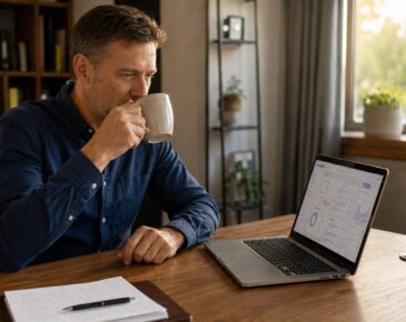 Cégvezető reggeli munkakörnyezete: kávé és laptop AI-asszisztenssel