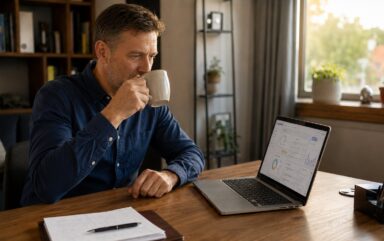 Cégvezető reggeli munkakörnyezete: kávé és laptop AI-asszisztenssel