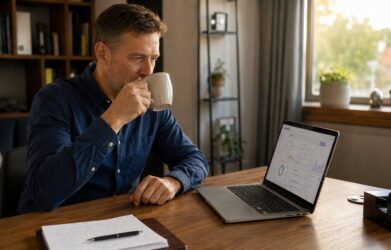 Cégvezető reggeli munkakörnyezete: kávé és laptop AI-asszisztenssel
