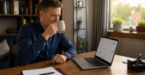 Cégvezető reggeli munkakörnyezete: kávé és laptop AI-asszisztenssel